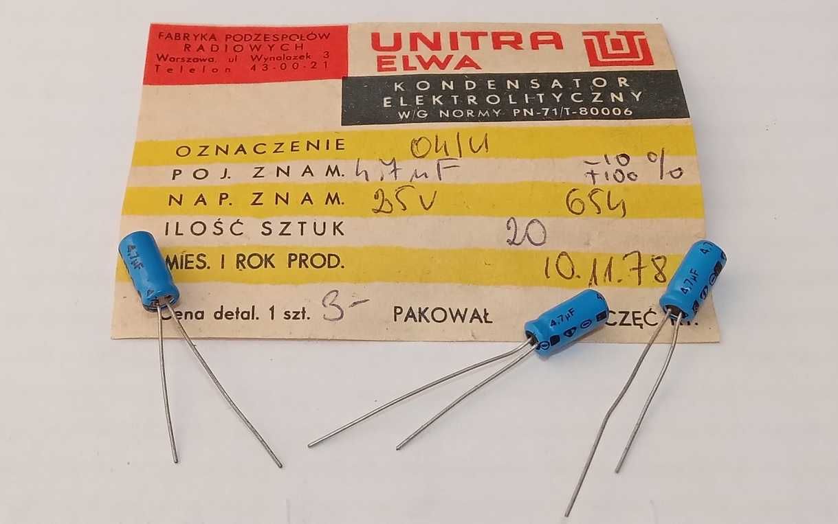 Kondensator 4,7uF 25V 04/U Unitra ELWA _3szt.