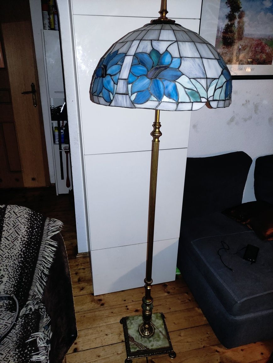 Lampa stojąca,witrażowa,mosiężna, stara w stylu Tiffany, duża, vintage