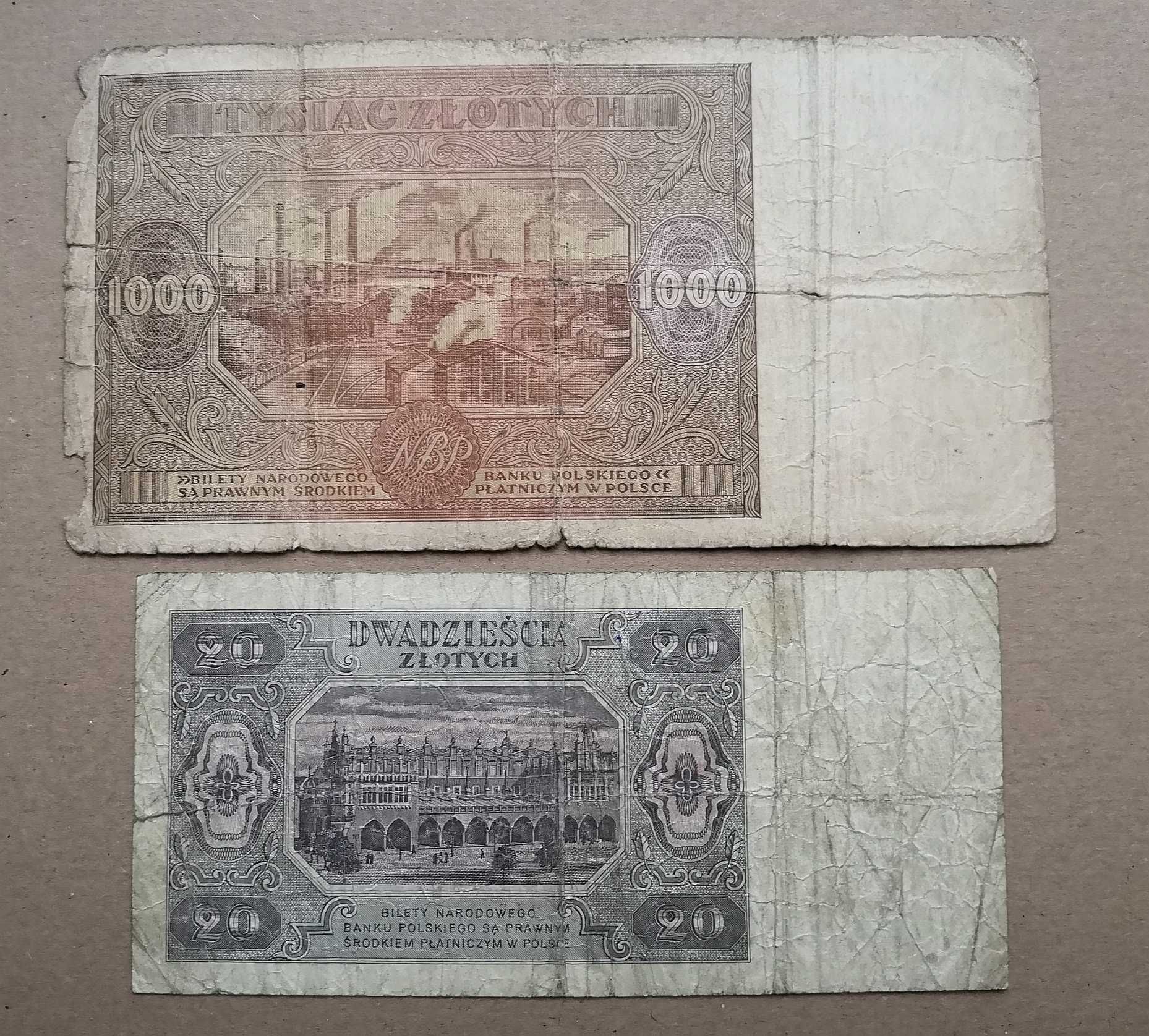 1000 złotych 1946 rok Rzadkie oraz 20 zł 1948