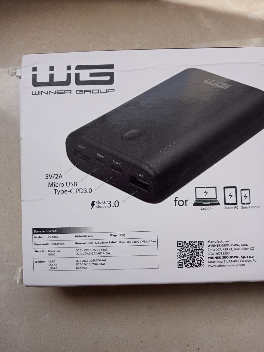 Powerbank WG (Winner Group)  20000 mAh QC 3.0 PD 65W Czarny