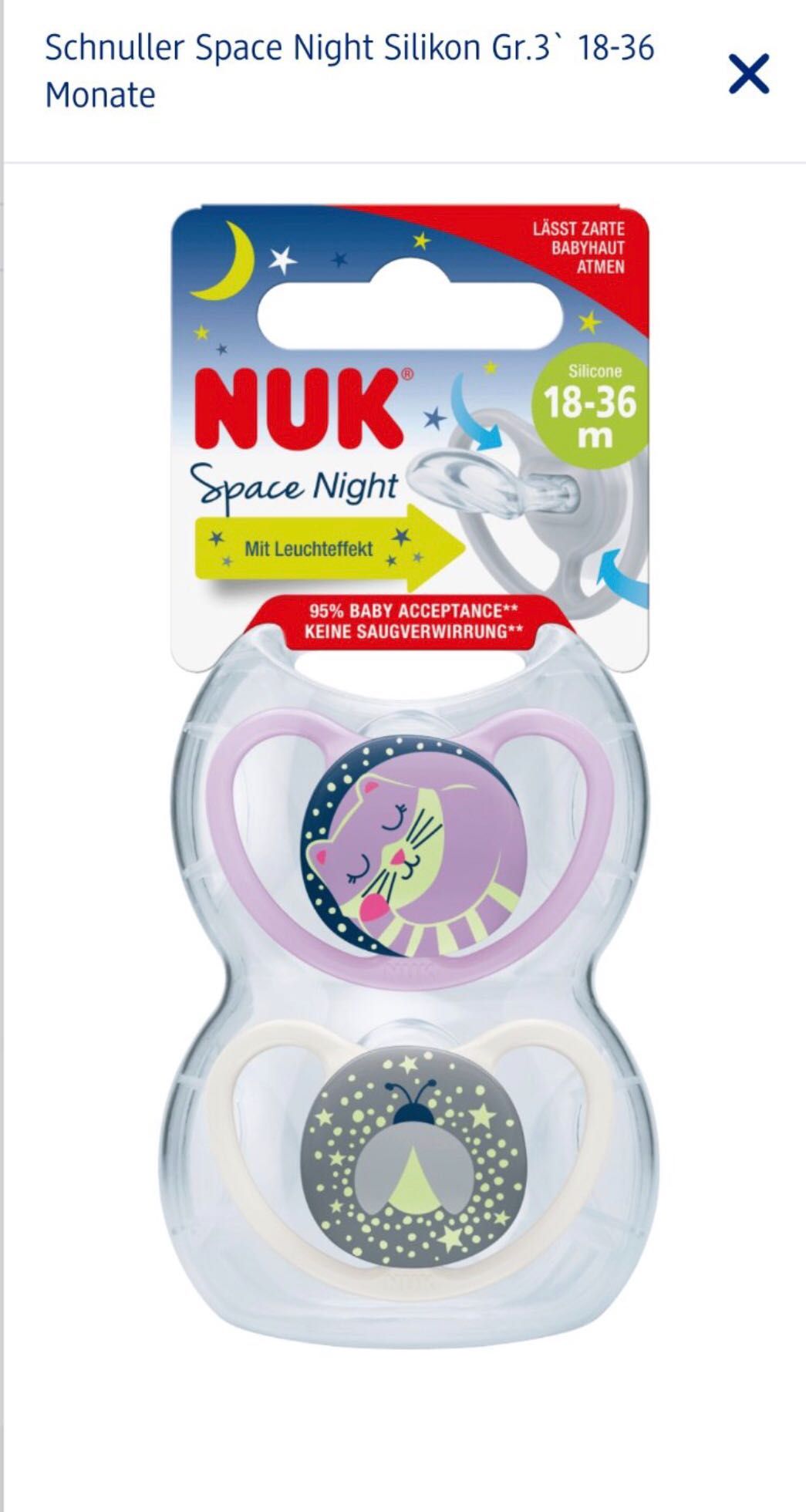 Ночная ортодонтическая силиконовая пустышка Nuk Space Night 18-36 мес