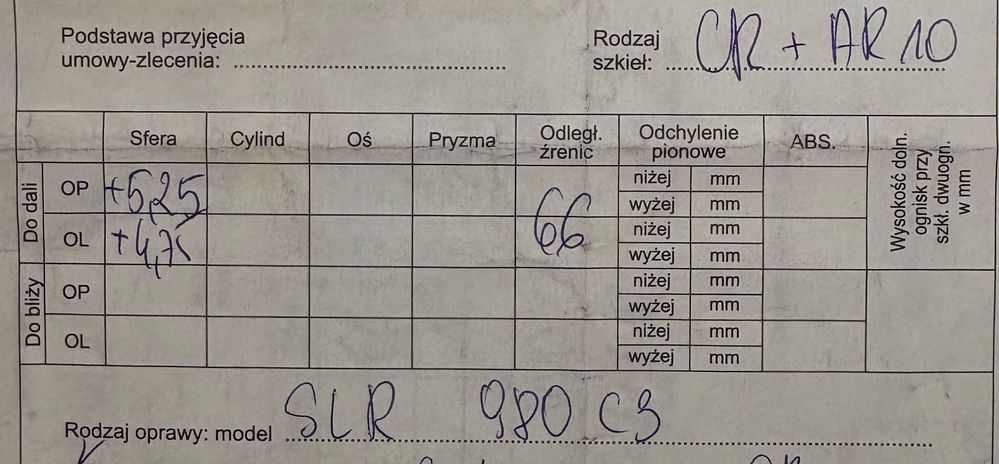 Okulary korekcyjne op +5,25, ol +4,75