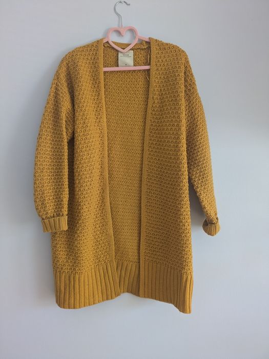 Sweter musztardowy jesienny długi kardigan