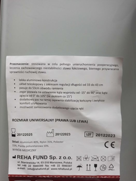 Zegarowa orteza stawu łokciowego z ujęciem dłoni lewa