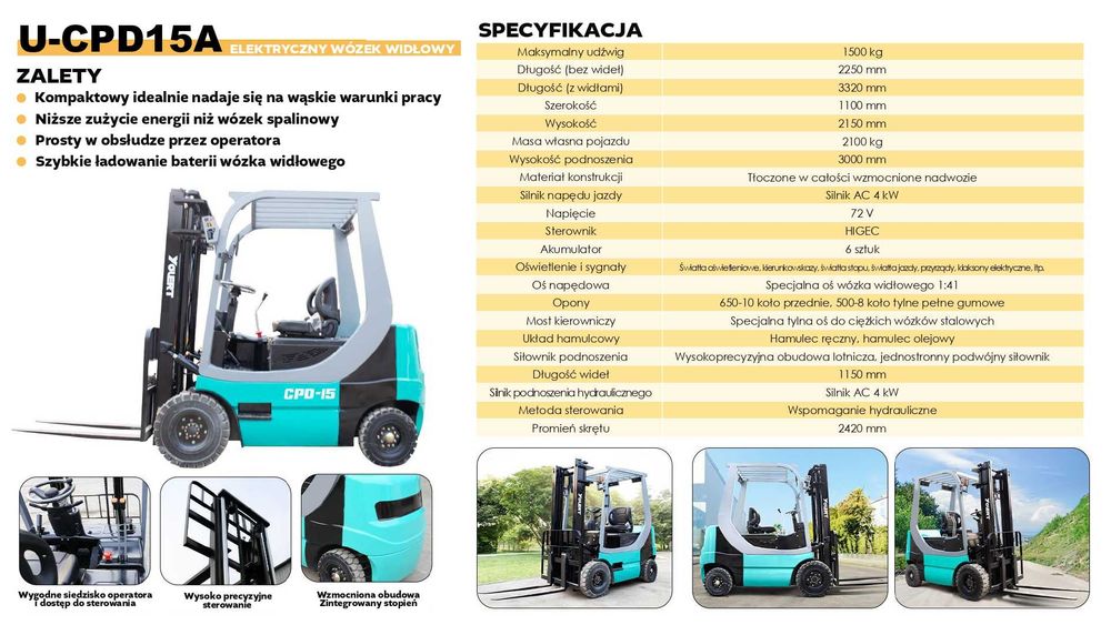 Nowy nie używany "YET U-CPD15A / 1500 kg"- ELEKTRYCZNY WÓZEK WIDŁOWY