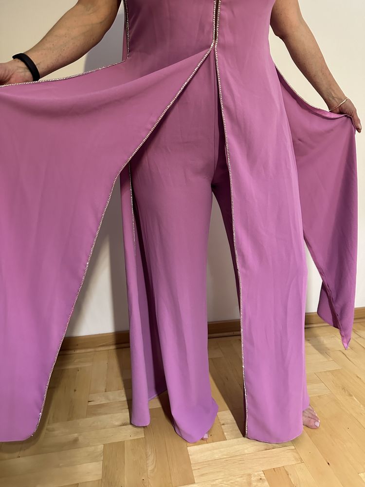 Kombinezon spodnie ala sukienka różowy diamenciki siateczka