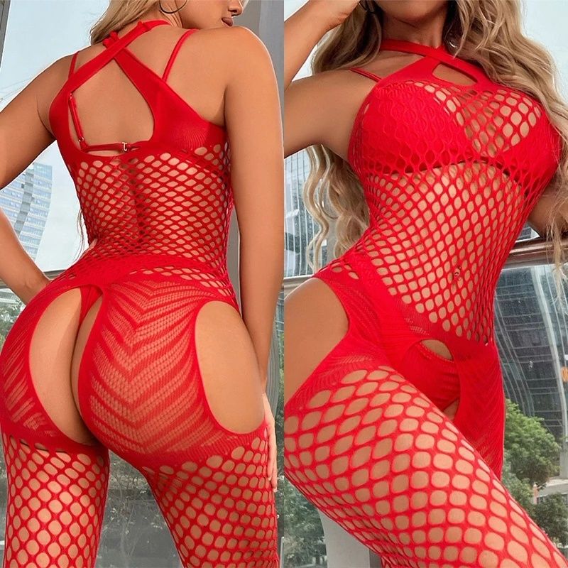 Bodystocking czerwone siateczkowe body otwarty krok rozmiar uniwersaln