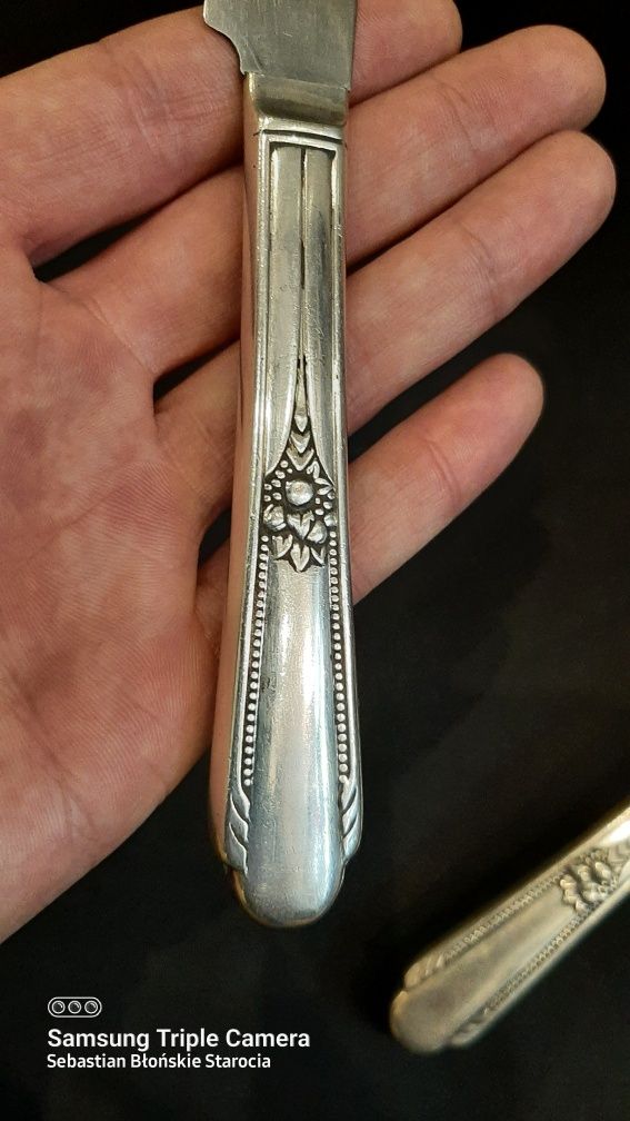 Stary srebrny ornamentowy zestaw sztućców do mięsa nóż Widelec srebro