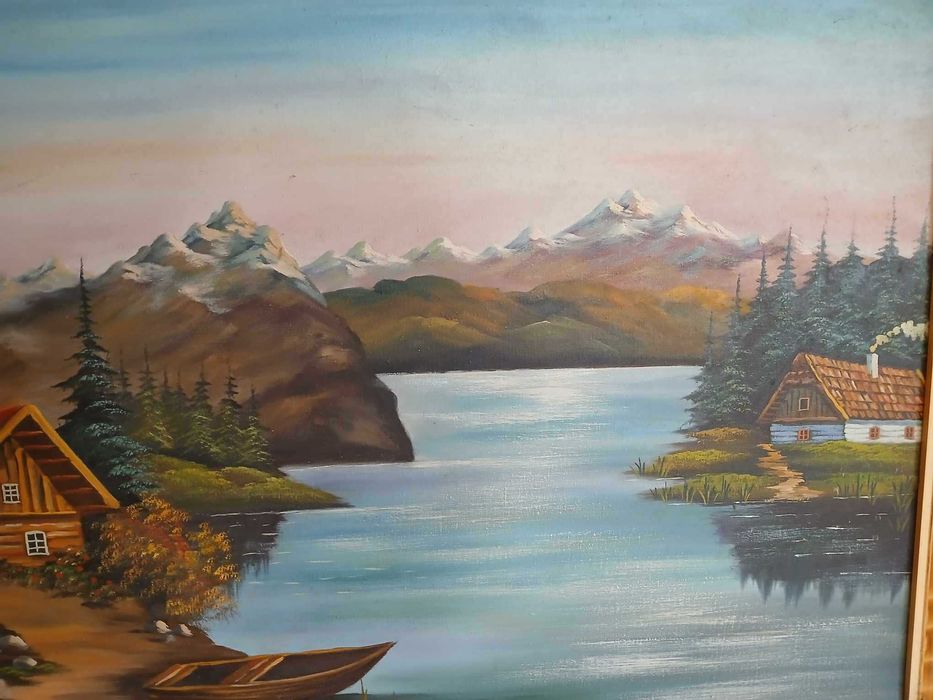 Obraz malowany ręcznie na płótnie Drewniane Chaty nad Zalewem w Górach