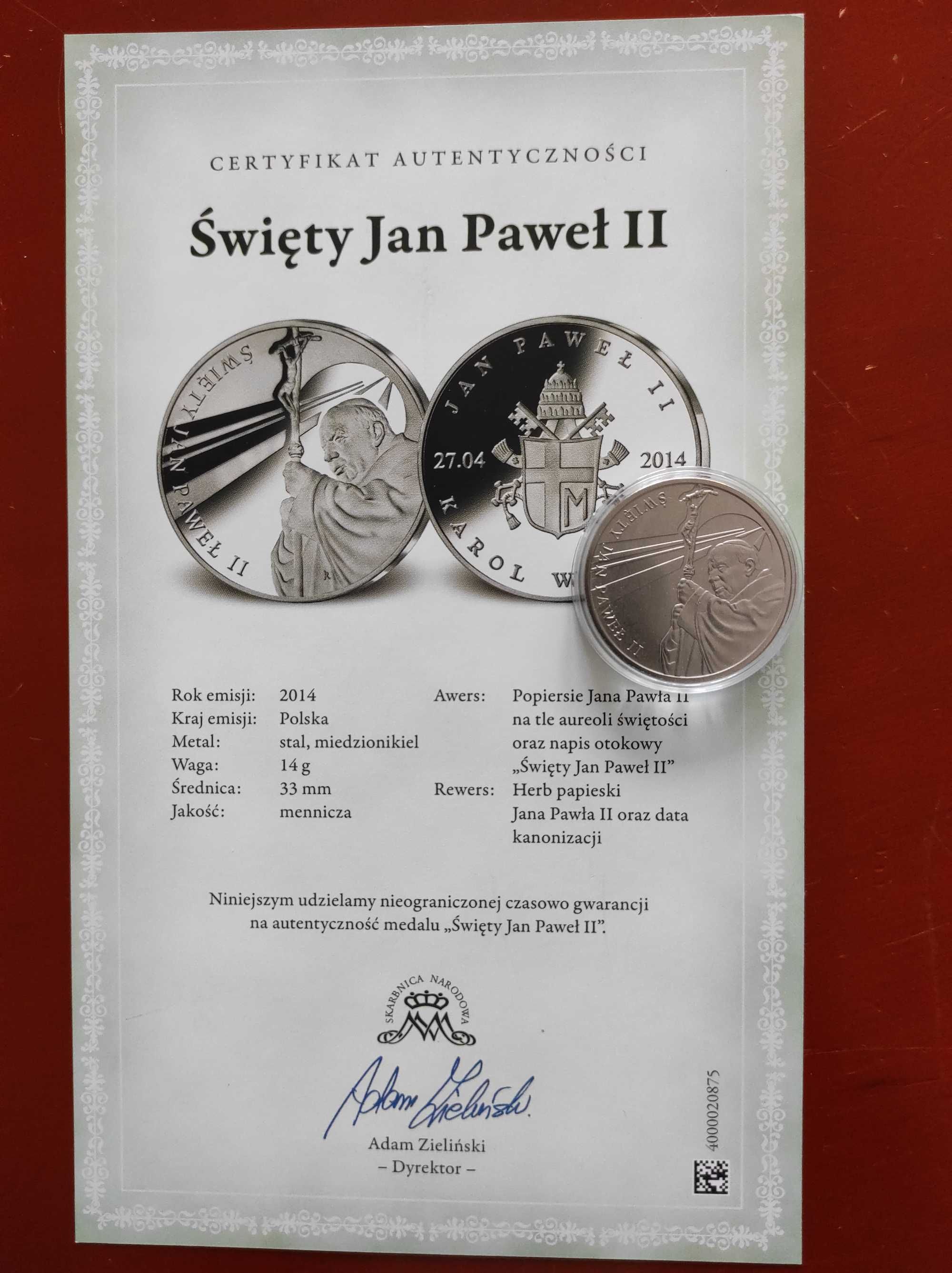 Medal Święty Jan Paweł II z certyfikatem