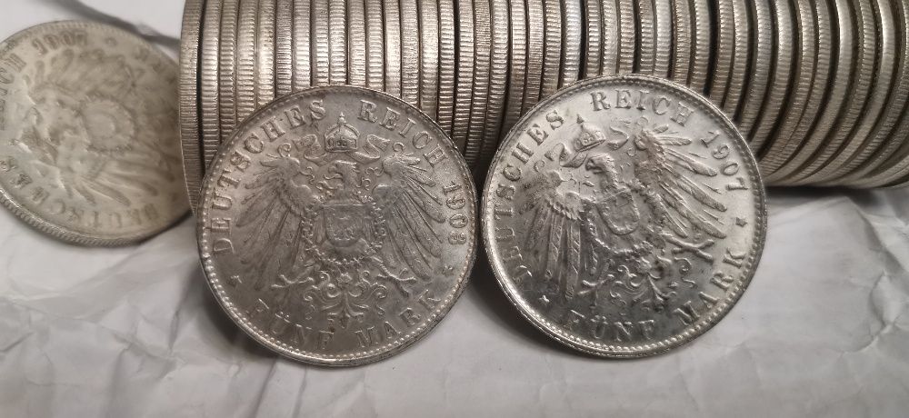 Monety Prusy Funf Mark 34 szt 1903 i 9 szt 1907 Przyciąga magnes.