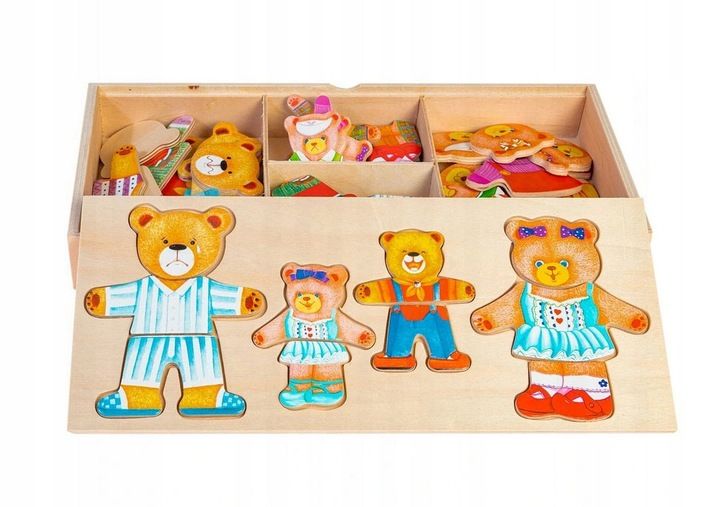 Układanka Drewniana Montessori 4 Misie Puzzle Emocje Ubrania Miny Sort