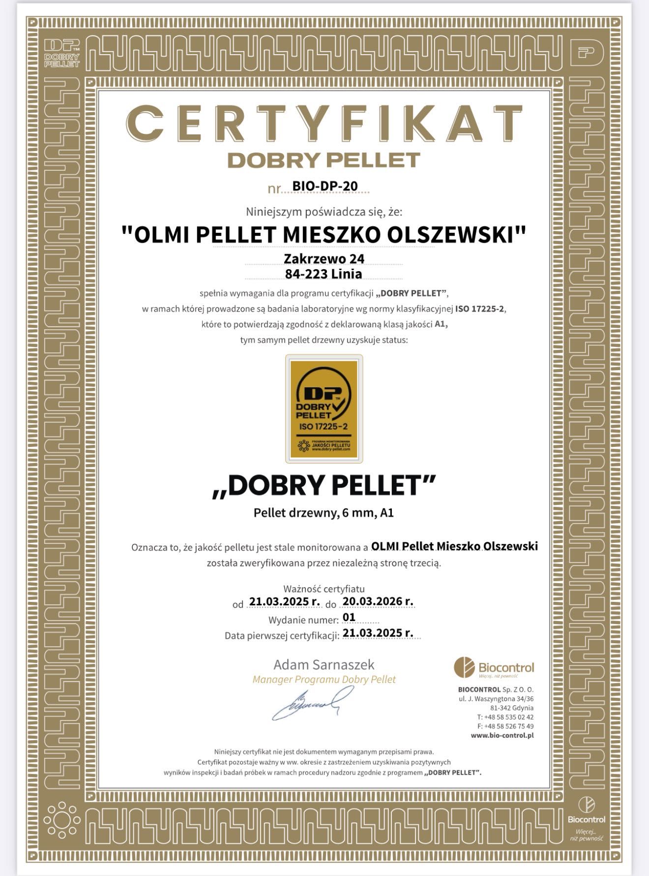 Pellet PRODUCENT "OLMI" - Certyfikat "Dobry Pellet" - Pelet sosna 6mm