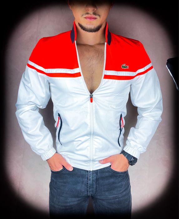 «Lacoste» Sportowa Pomarańczowa Biała Męska Kurtka z Mankietymi (XS)