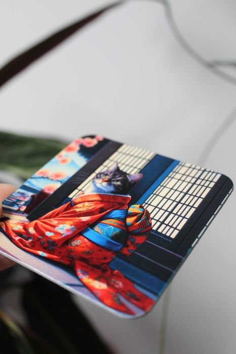 Podkładka pod kubek Szary kot w kimonie, japoński styl