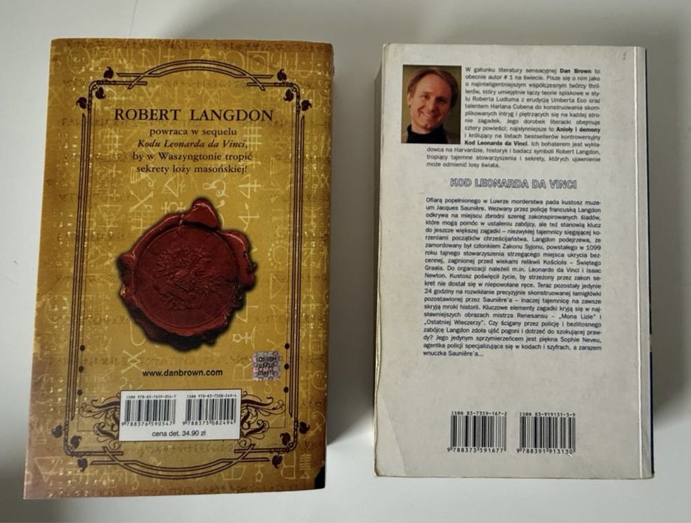 2 Książki Dan Brown - “Zaginiony symbol” i “Kod Leonarda da Vinci”