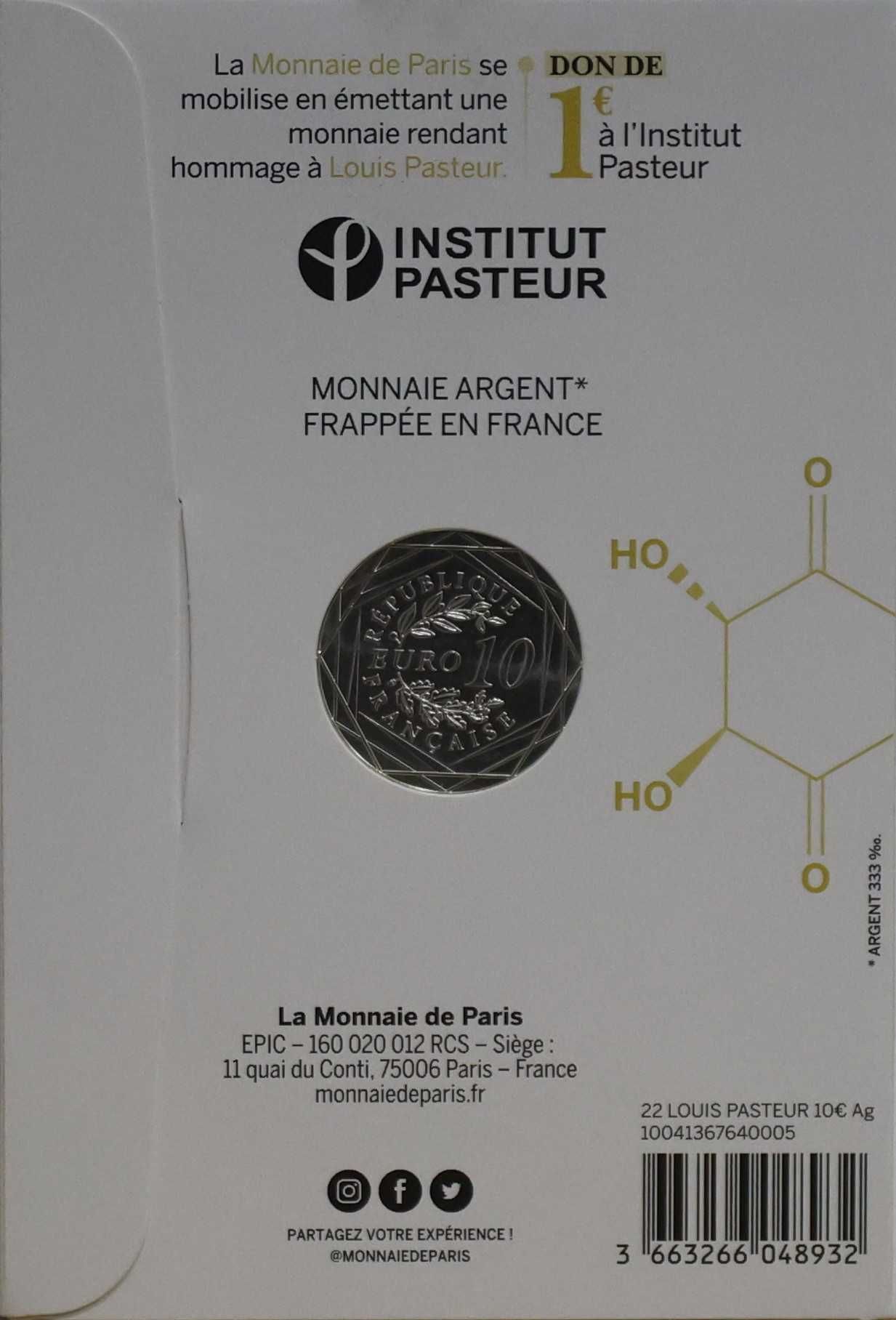 Moeda 10 € Prata - "200° Aniversário - Nascimento de Louis Pasteur"