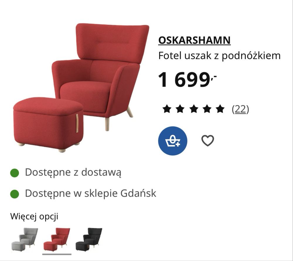 Piękny uszak z podnóżkiem ikea