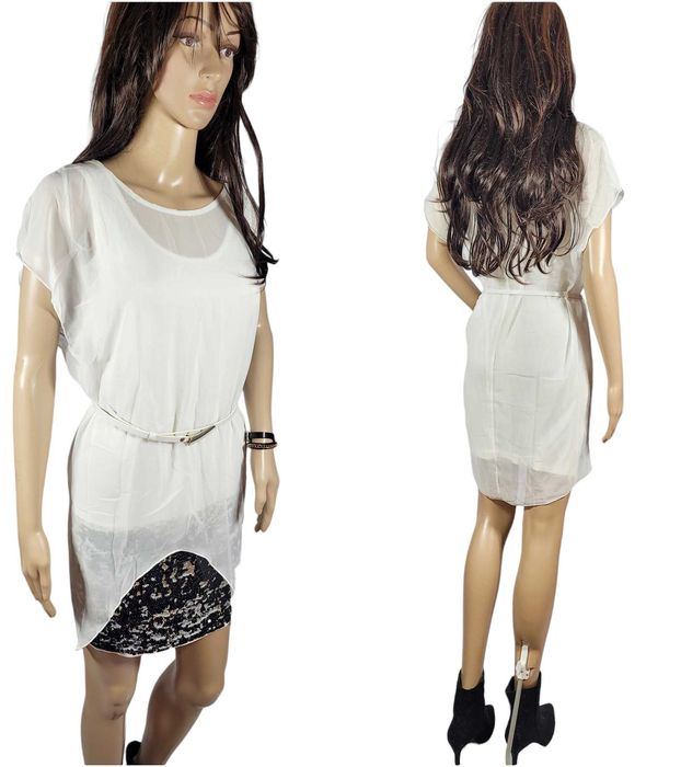 Nowa biała elegancka sukienka cekiny 32,XXS/34,XS pasek BonPrix BPC