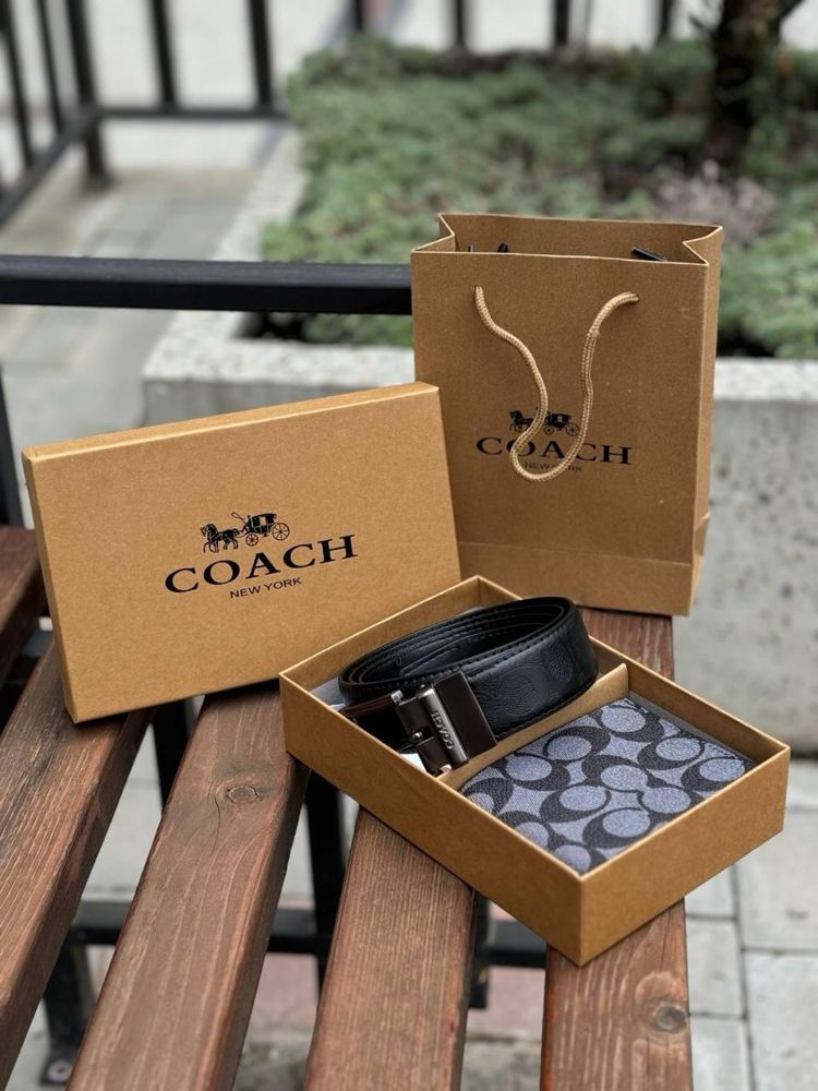 Чоловічий подарунковий набір Coach ремінь та кошельок чоловічий ремінь
