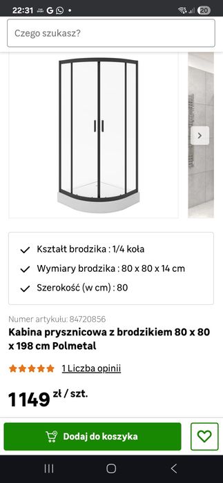 Kabina prysznicowa 80x80 z brodzikiem