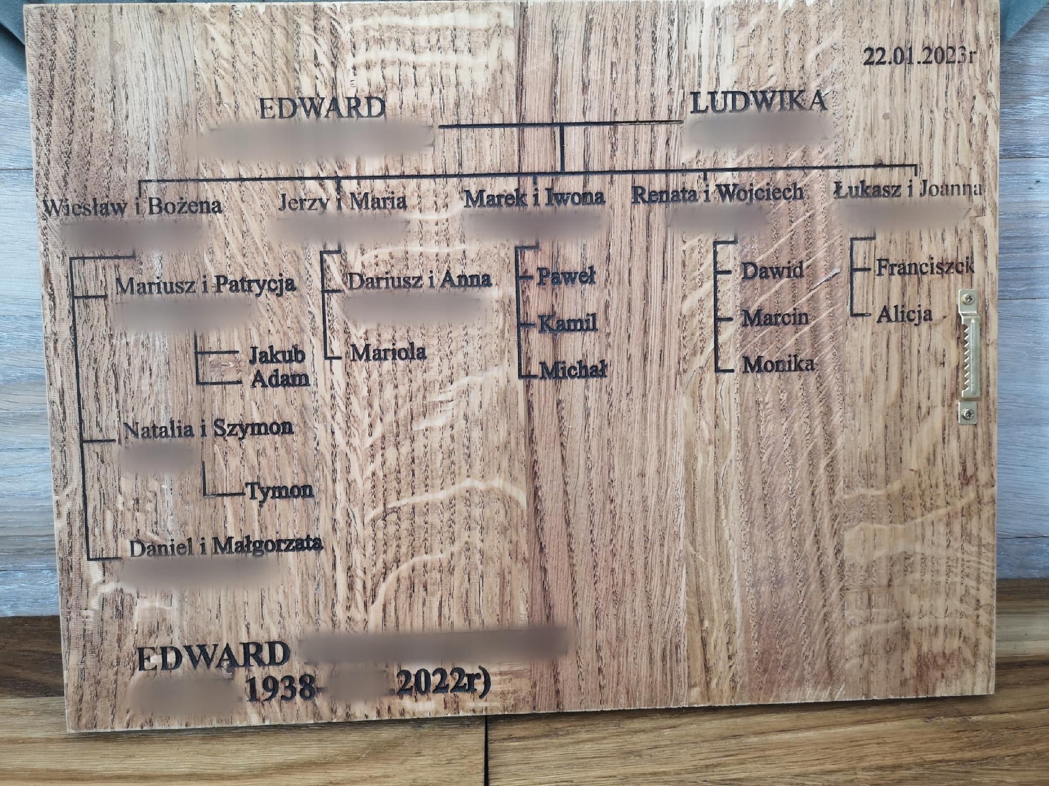 Drewniana deska ze zdjęciem + drzewo genealogiczne