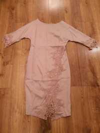 Sukienka cudo 3/4 rękaw prosta koronka elegancka morelowy roz.XL 40-42