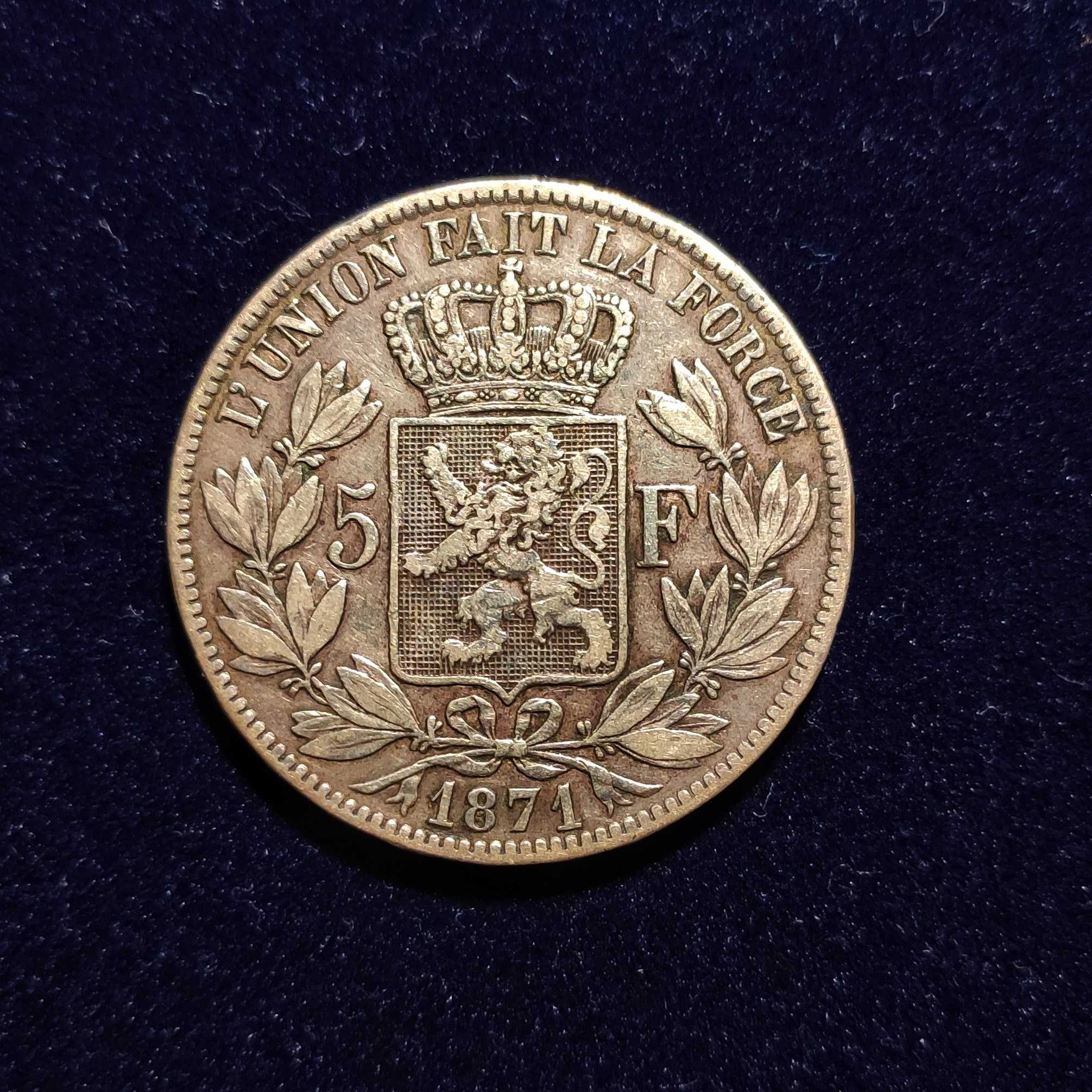 Belgia 5 franków, 1871 - srebro - leopold ii roi
