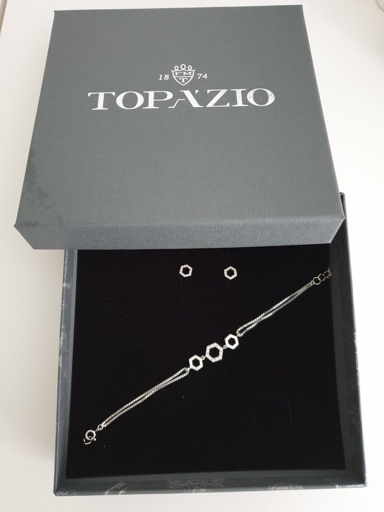 Joalheria conjunto pulseira brincos prata Topázio em caixa