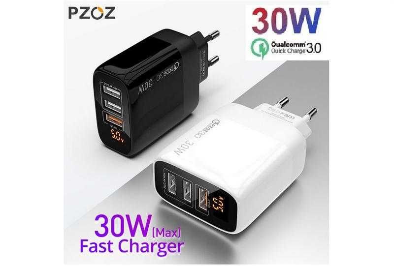 Швидка зарядка PZOZ QC3.0 на 3 USB порти, LED індикатор 30 Вт