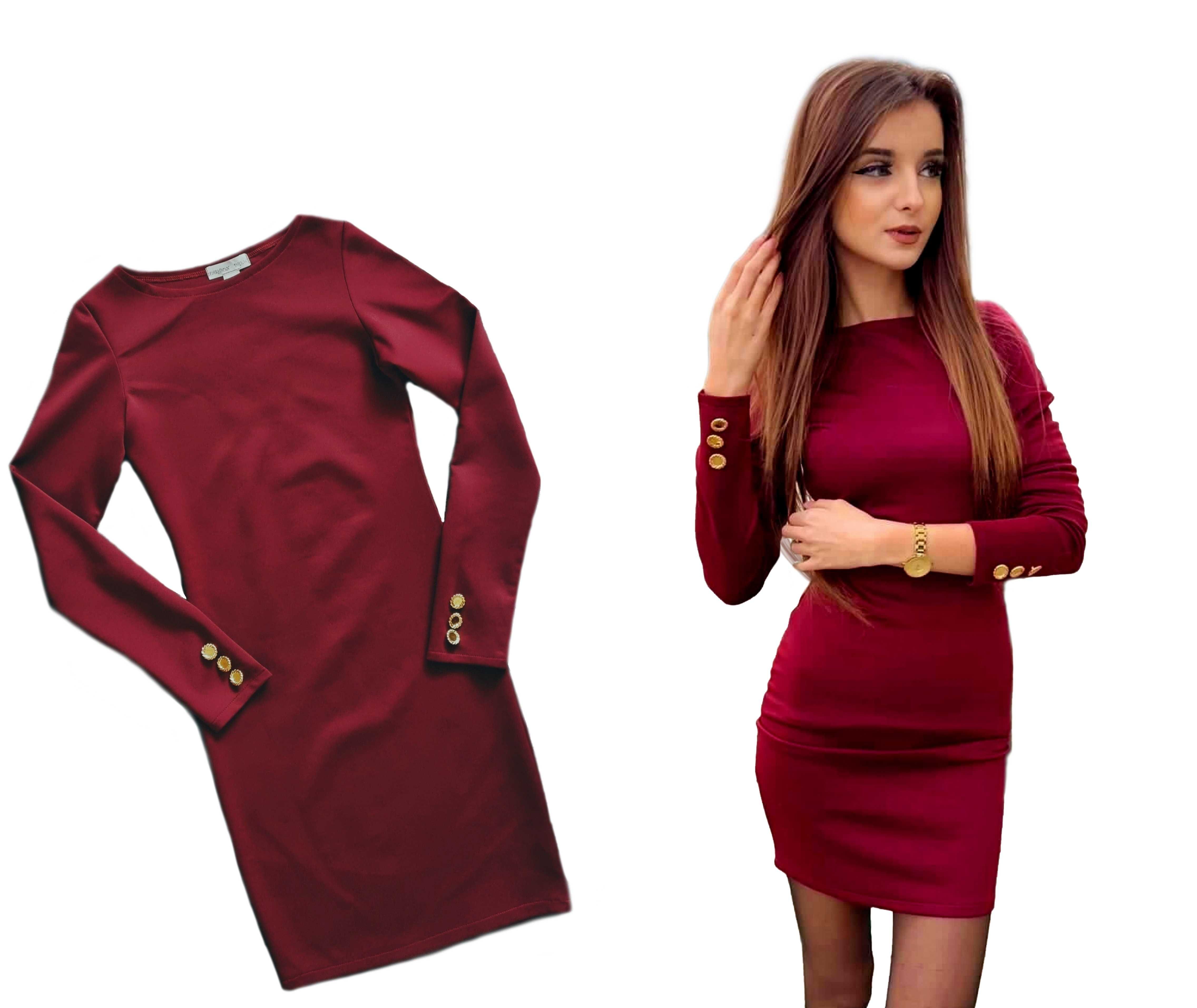 Sukienka BORDOWA ołówkowa ZŁOTE GUZIKI na Rękawach XS/S, S.M, M/L