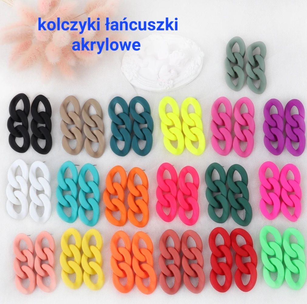 Kolczyki łańcuszki akrylowe neonowy róż pomarańcz zielony