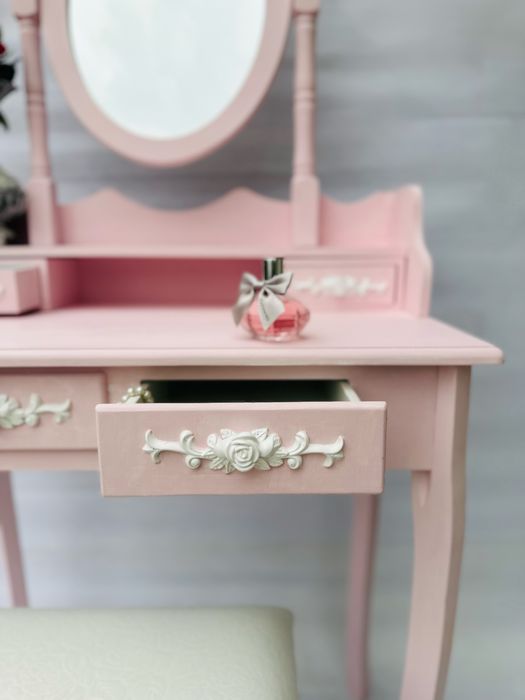 Toaletka z lustrem, pudrowy róż, GRATIS stołek