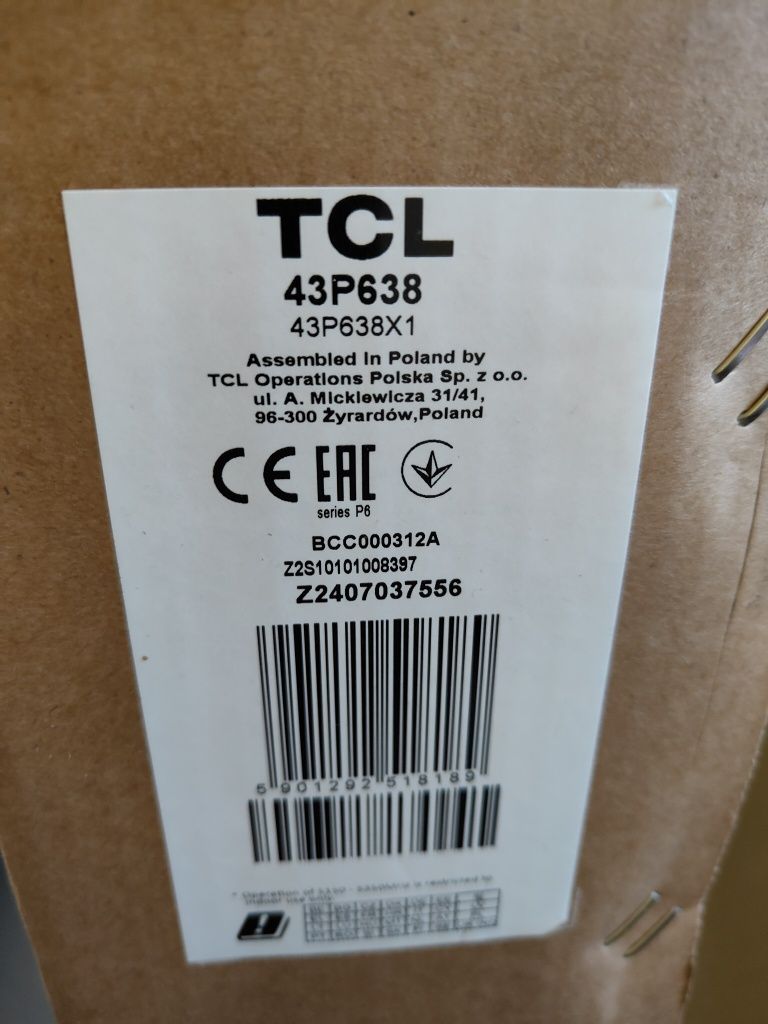 Sprzedam telewizor TCL 4k Google TV 43 cale