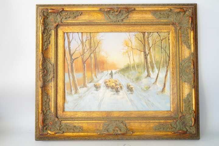 Ładny obraz w złotej ramie barok 59/49 cm zima