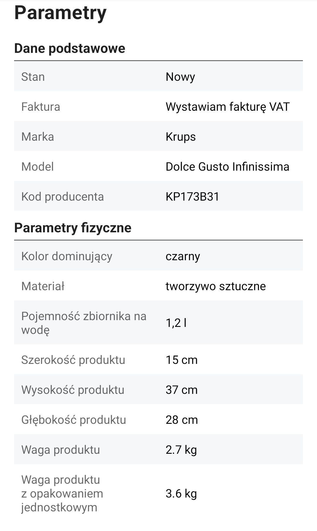 Ekspres kapsułkowy Krups Dolce Gusto Infinissima 15 bar czarny