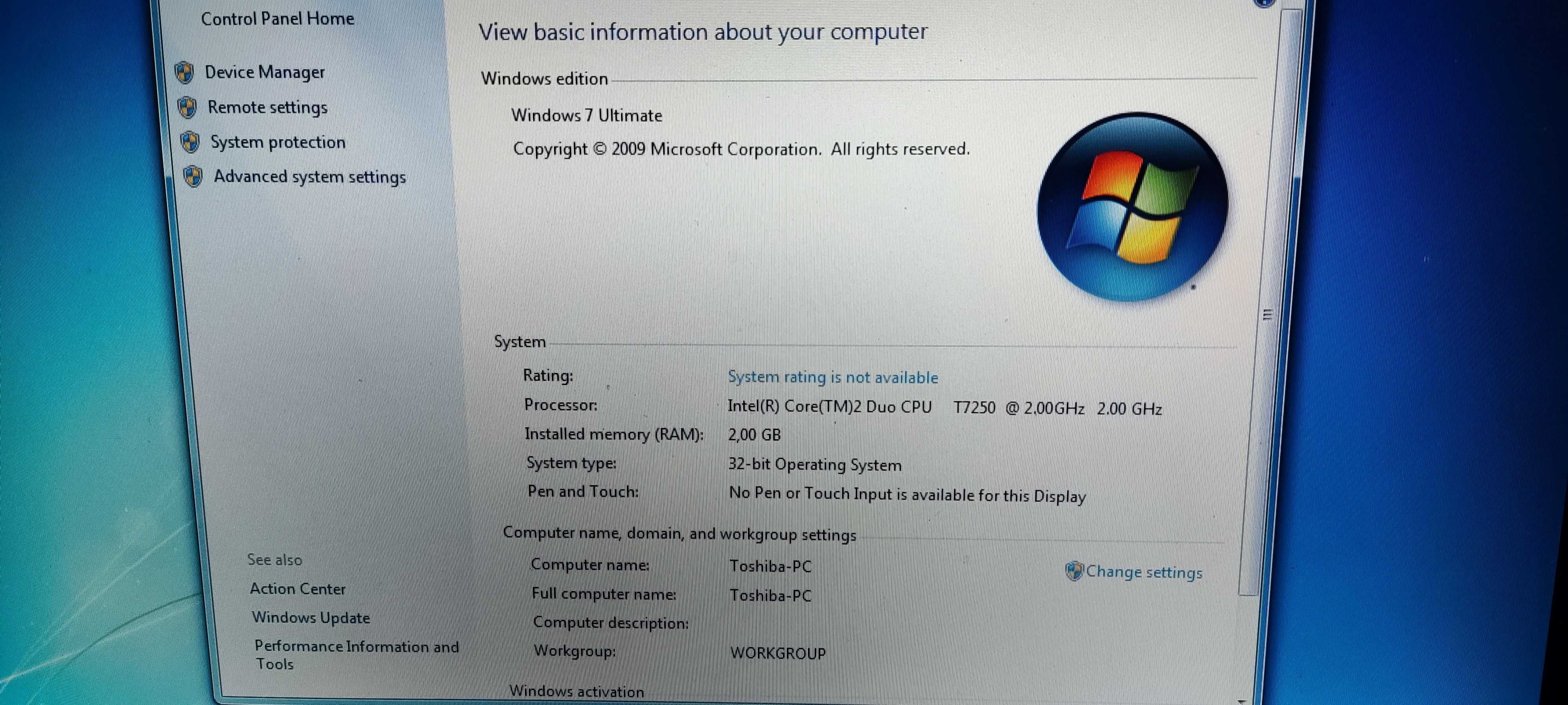 Laptop Toshiba Satellite Pro A200 / Core 2 Duo / 2BG RAM / HDD 160GB