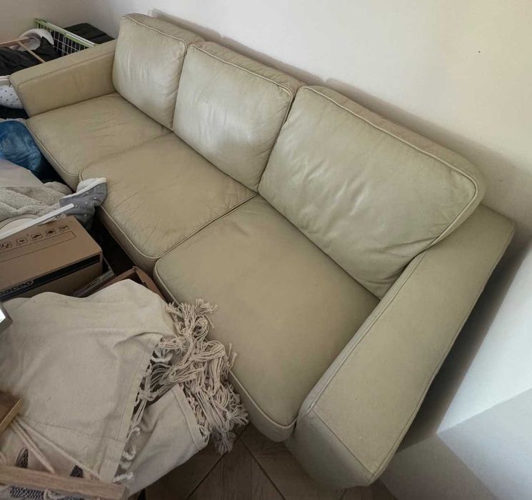 Zestaw mebli wypoczynkowych, kremowa skóra naturalna, ława