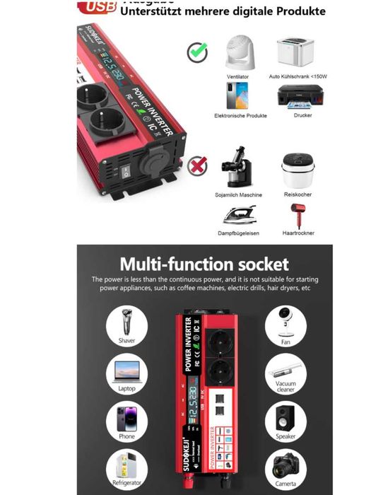 Інвертор живлення Sudokeji 12V до 220V 3000W з РК-диспл, розетками ЄС