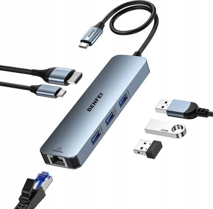 BENFEI 6w1 USB-C HUB z HDMI (4K 60Hz), zasilanie 100 W, 3x USB 3.0