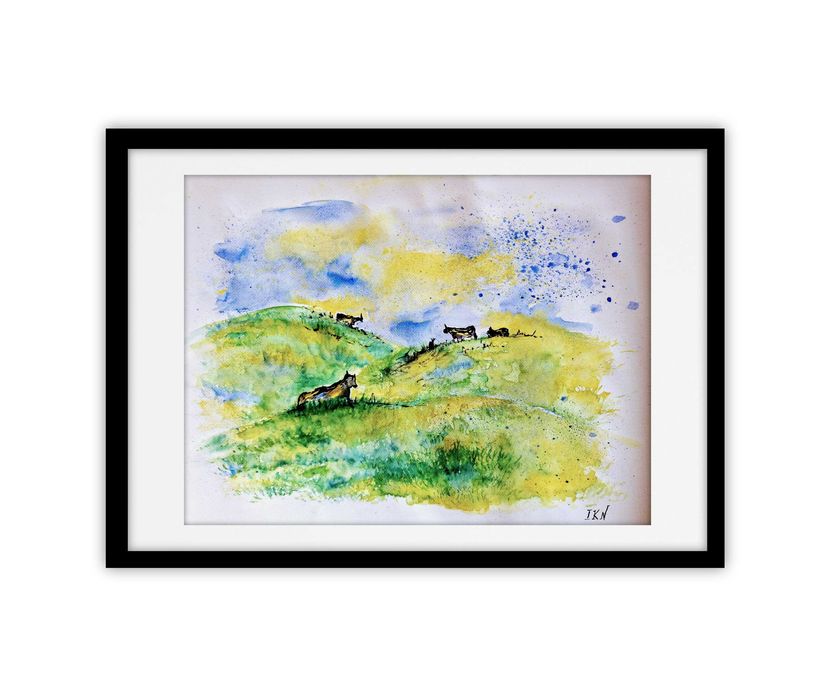 "KROWY" - obraz akwarelowy akwarela - wymiar 50x70cm - z ramą 64x94cm