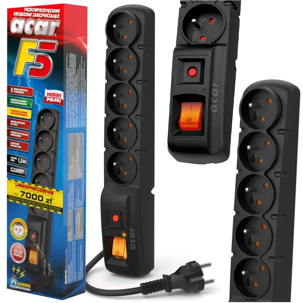 Listwa przeciwprzepięciowa przedłużacz ACAR F5 3m 5 gniazd 10A - W0101