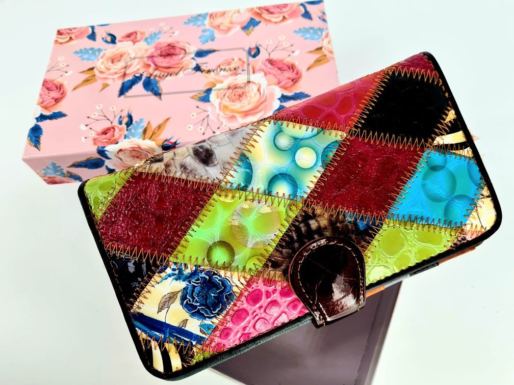 Modny portfel damski skórzany Patchwork stylowy kolorowy nowy