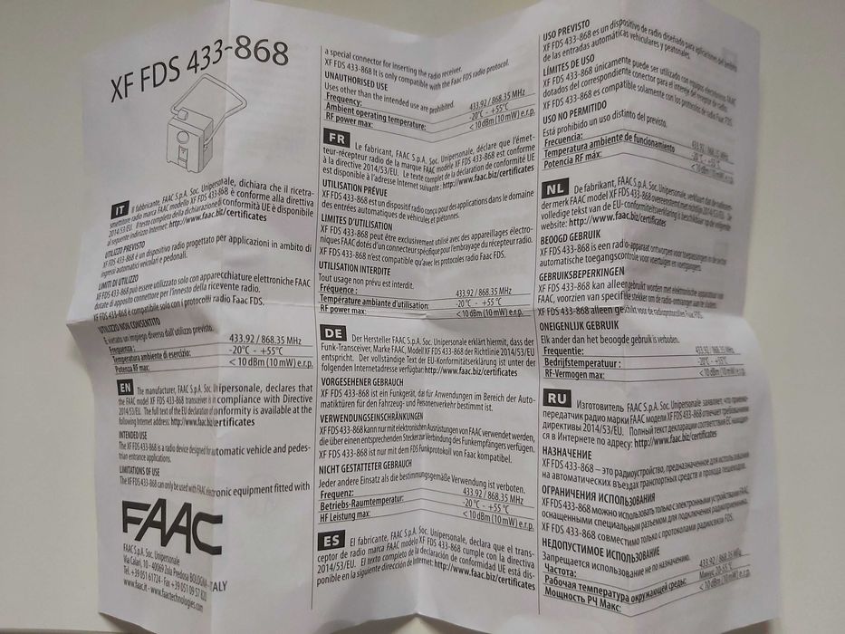 moduł radiowy faac xf fds 433HHz-868MHz
