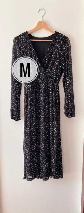 Czarna biała długa maxi plisowana sukienka długi rękaw Sinsay M 38