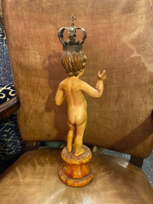 Menino Jesus Salvador do Mundo Madeira séc XIX Coroa Prata Portuguesa