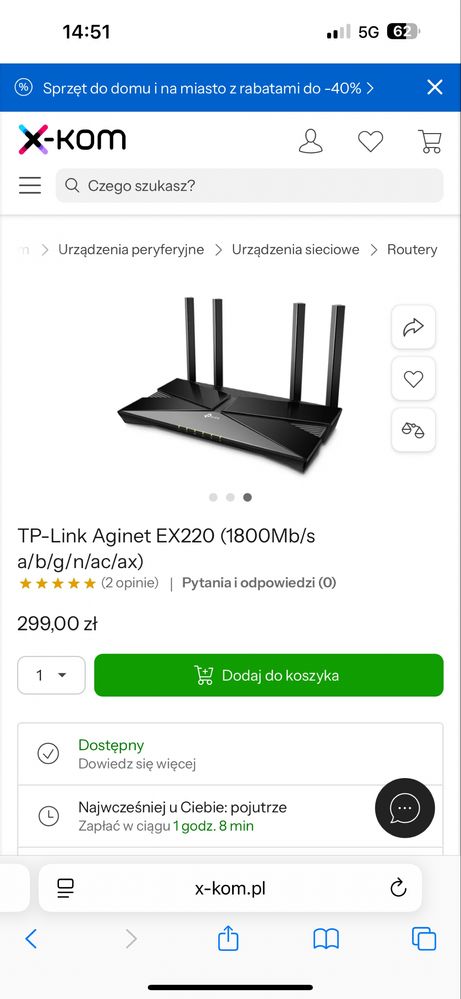 Dwupasmowy router Wi-Fi 6 TP-Link Aginet EX220 (AX1800)