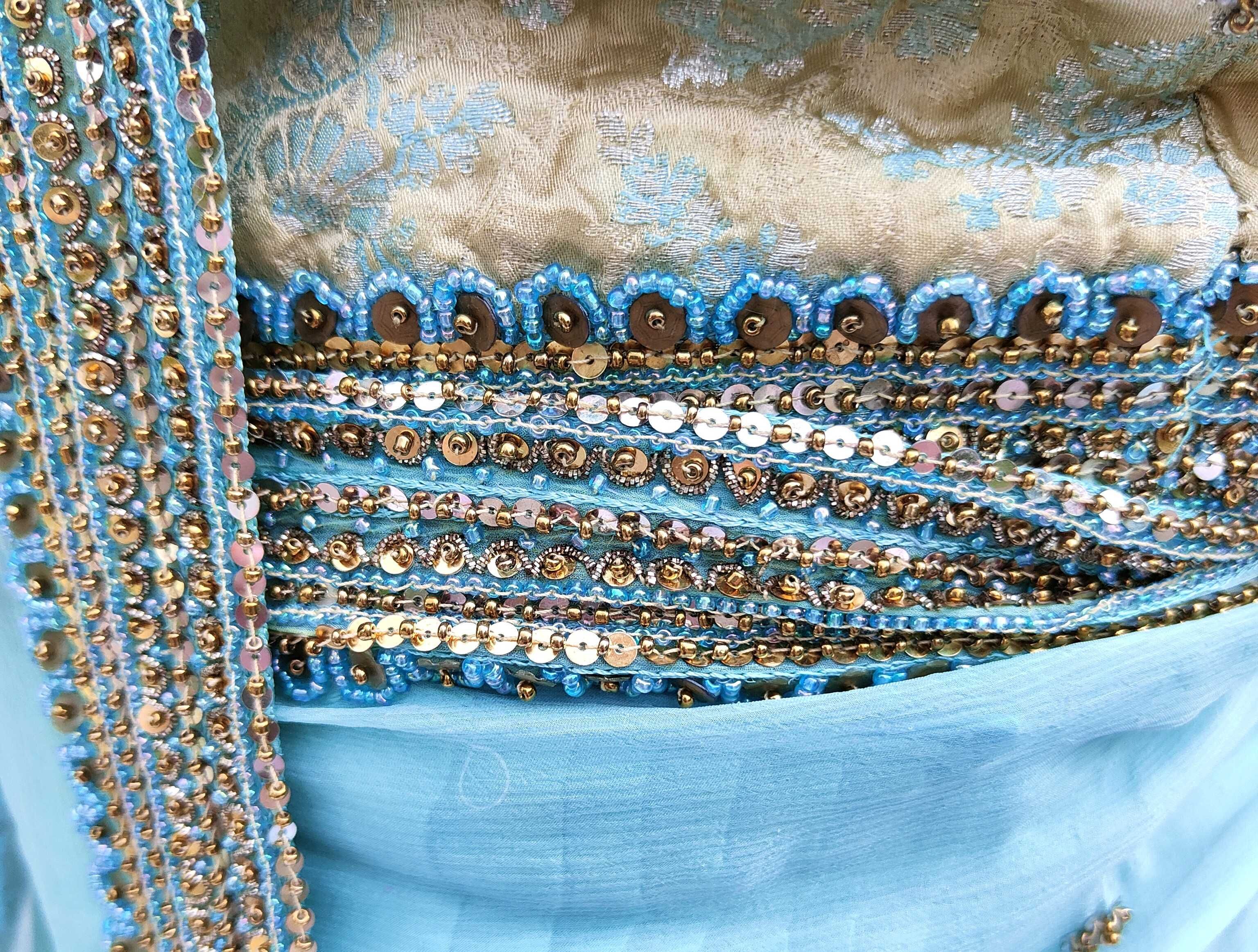 Piękne zdobione sari beż turkus saree Bollywood suknia sukienka szyfon