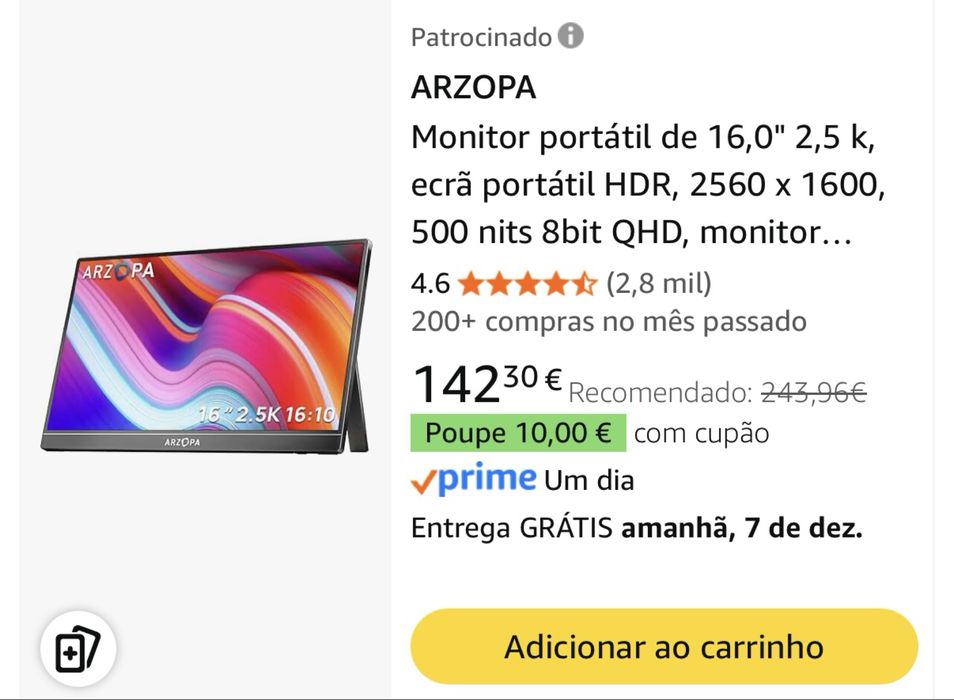 Monitor Portatil Arzopa [NOVO] Z1RC 16”