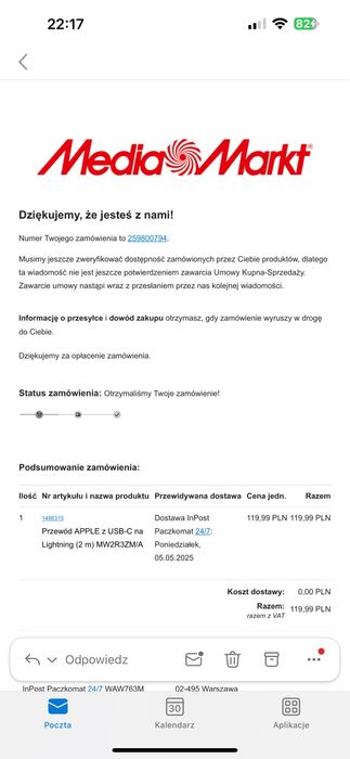 Kabel Apple USB-C to Ligthning 2m. Oryginalny. Dowód zakupu